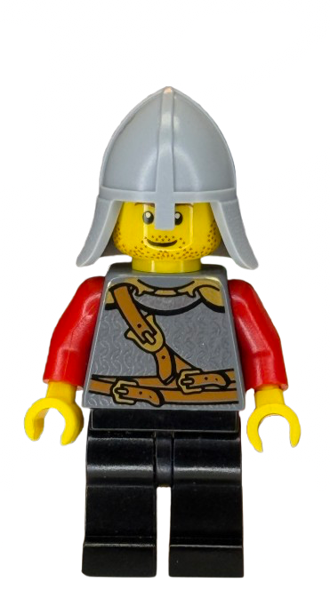 Kingdoms - Lion Knight Scale Mail with Chest Strap and Belt, Helmet with Neck Protector, Stubble Smile (Dual Sided Head), cas475