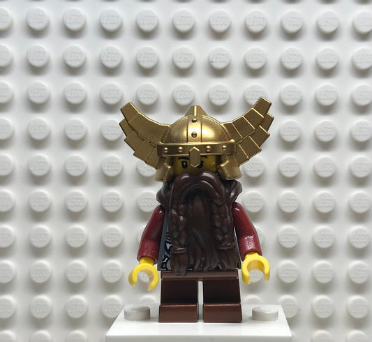 Fantasy Era, Dwarf, Dark Brown Beard, Metallic Gold Helmet with Wings, Dark Red Arms, Smirk and Stubble Beard, cas356