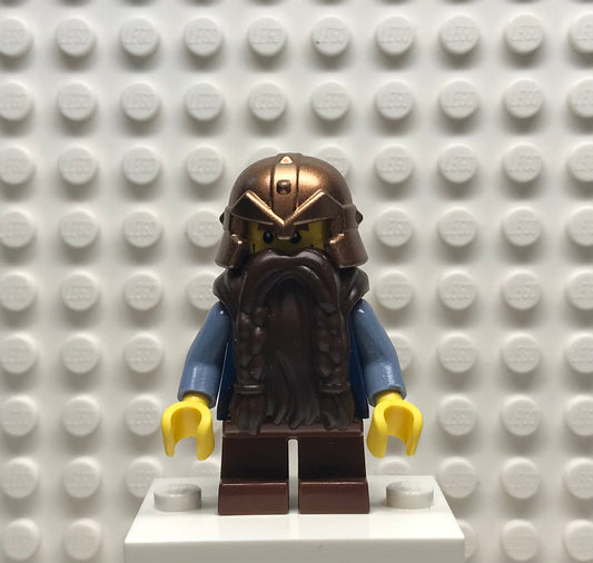 Fantasy Era, Dwarf, Dark Brown Beard, Copper Helmet with Studded Bands, Sand Blue Arms, Vertical Cheek Lines, cas355
